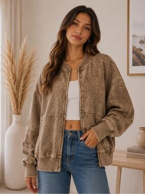 623. Women's Mocha Brown Acid Washed Fleece Jacket Front Zip